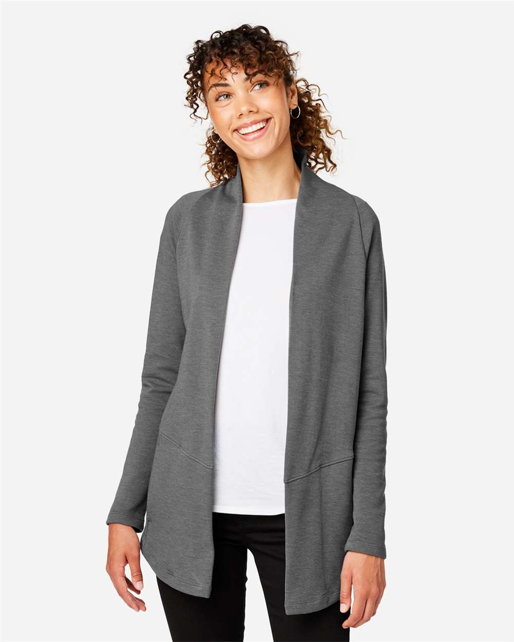 Heather gray women’s open cardigan sweater classic fit of Ad It Up in Albuquerque
