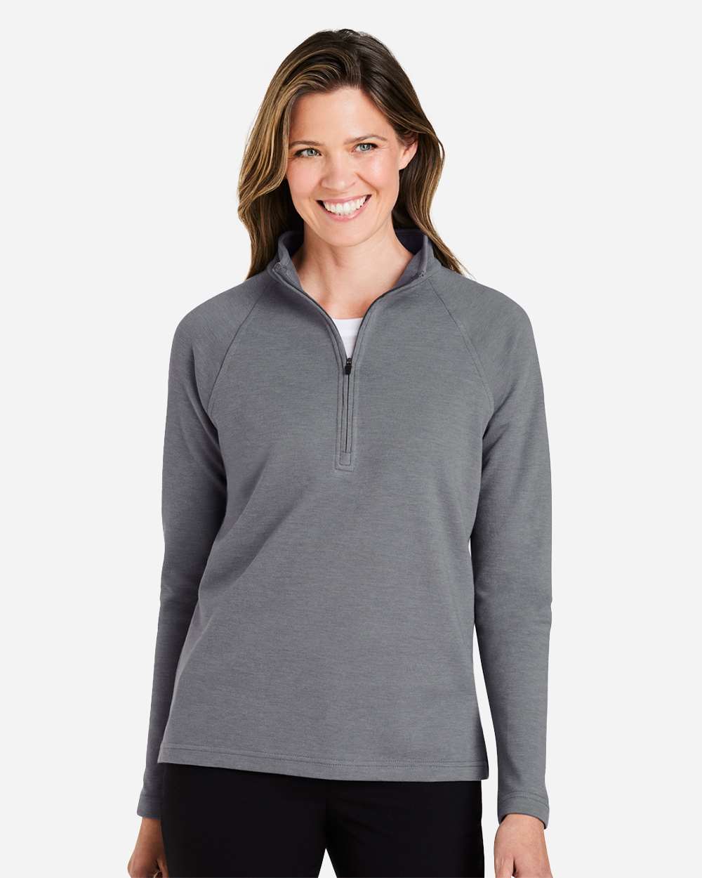 Heather gray women’s quarter zip pullover sweater classic fit of Ad It Up in Albuquerque
