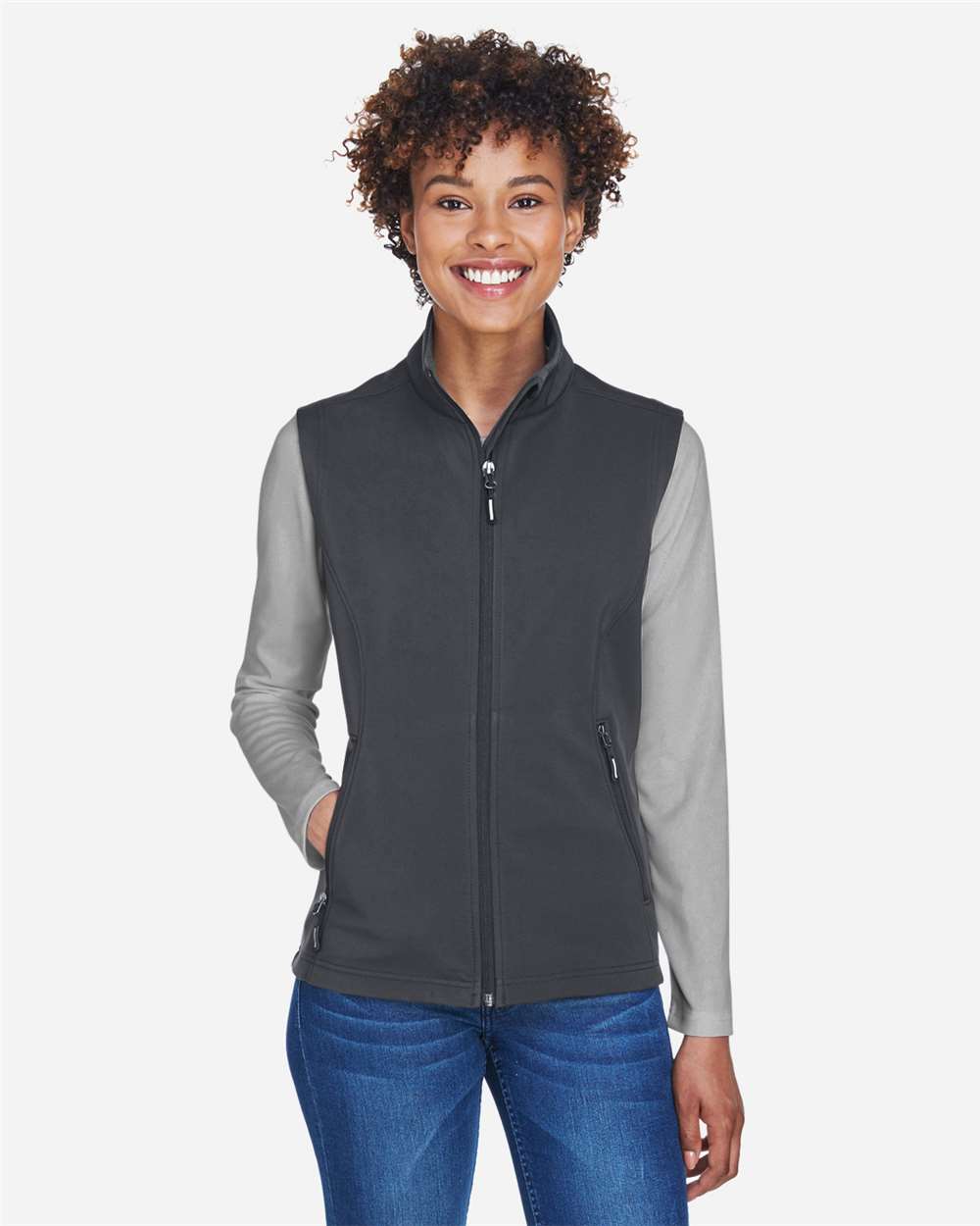 Charcoal gray women’s softshell zip vest classic fit of Ad It Up in Albuquerque
