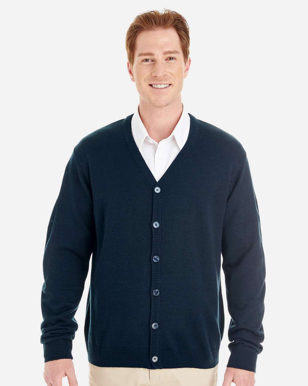 Navy blue men’s button cardigan sweater classic fit of Ad It Up in Albuquerque