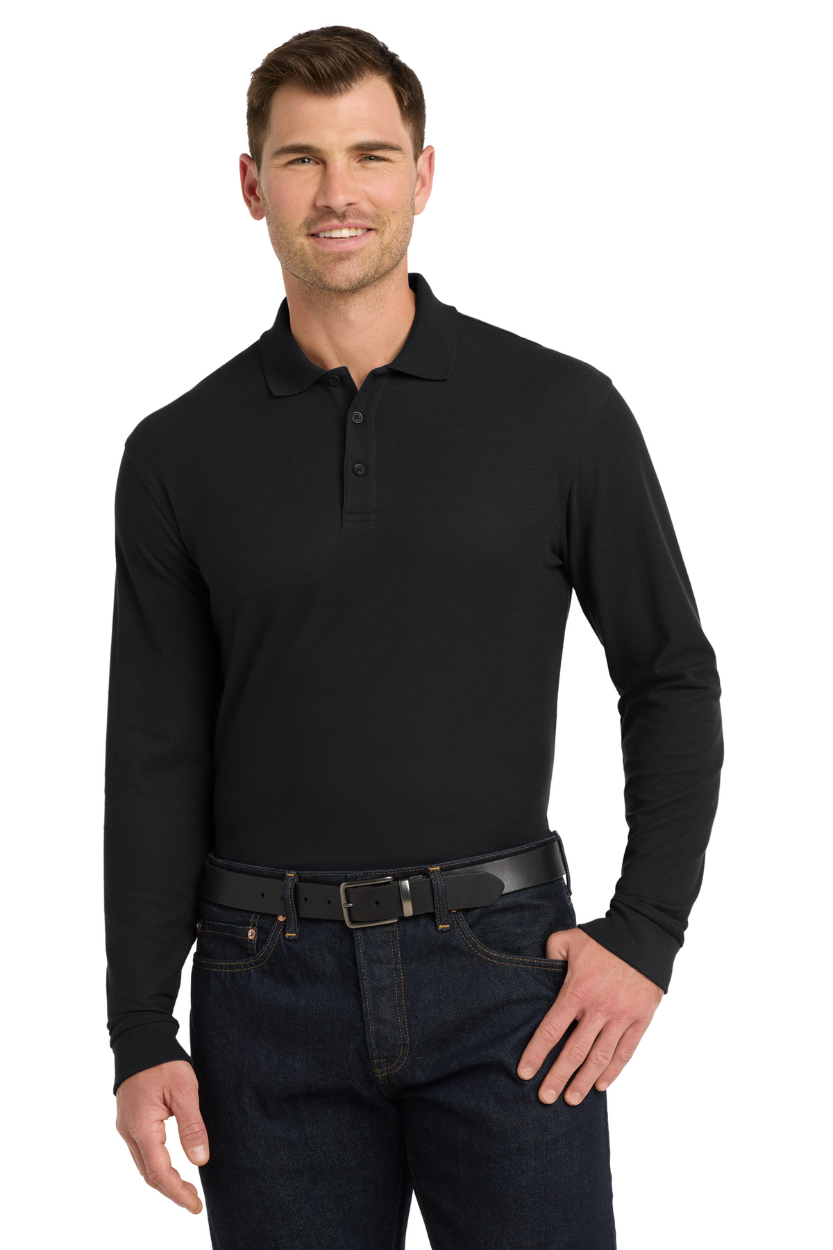 Black men’s long sleeve polo shirt classic fit of Ad It Up in Albuquerque