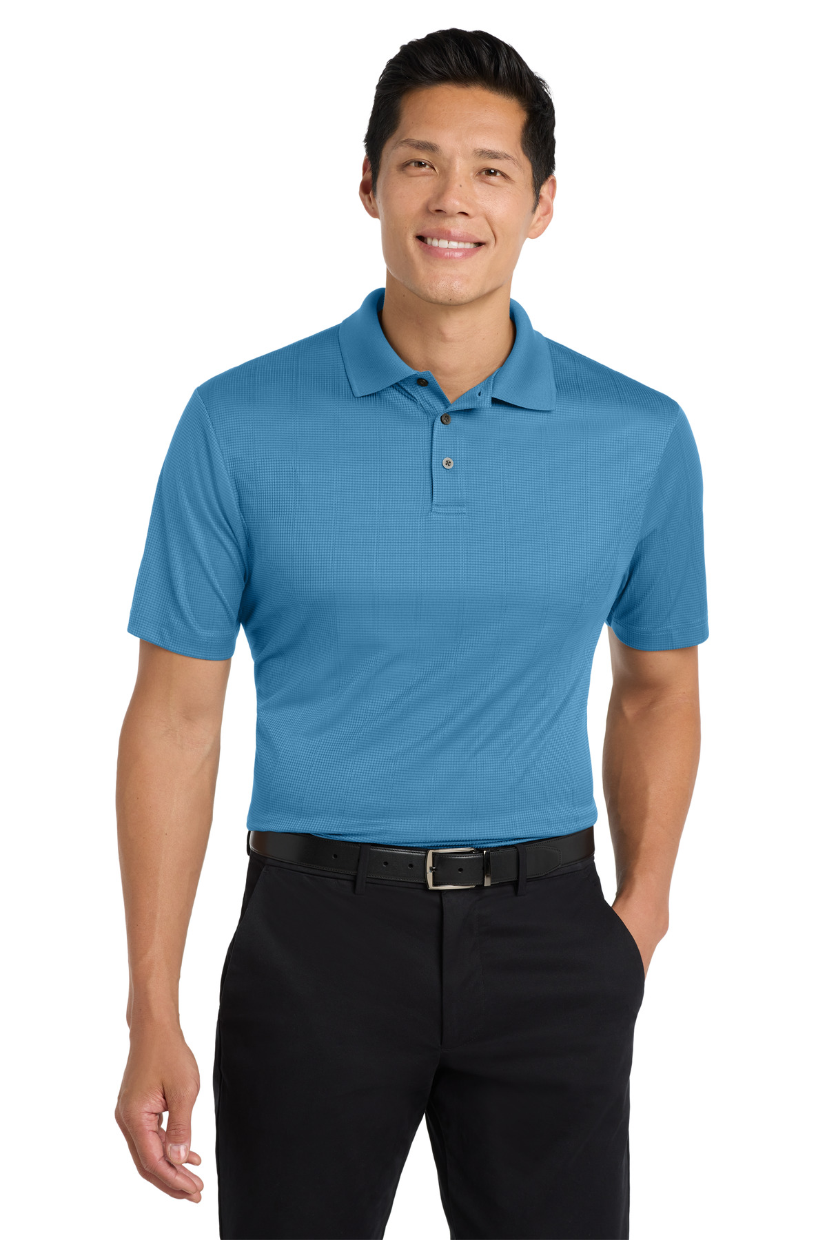 Light blue men’s polo shirt short sleeve business fit of Ad It Up in Albuquerque