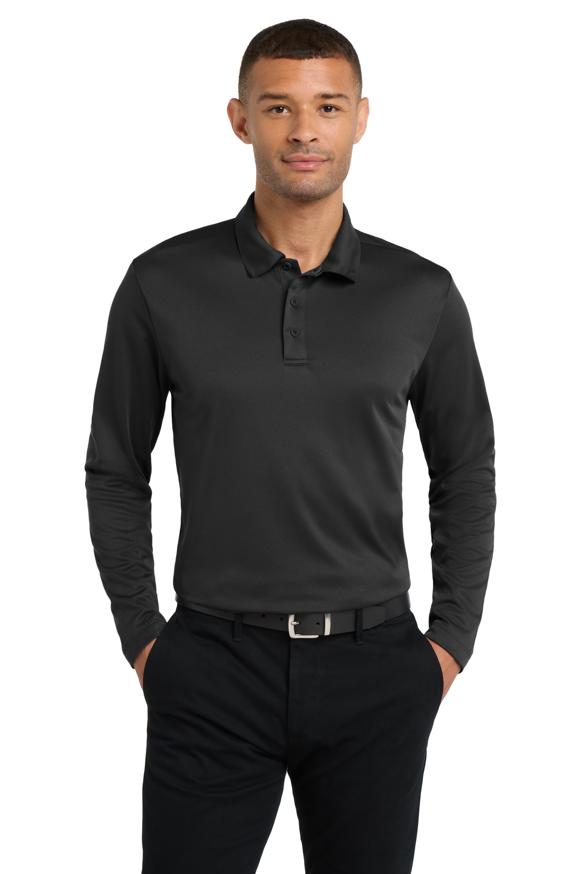 Black men’s long sleeve polo shirt classic fit of Ad It Up in Albuquerque