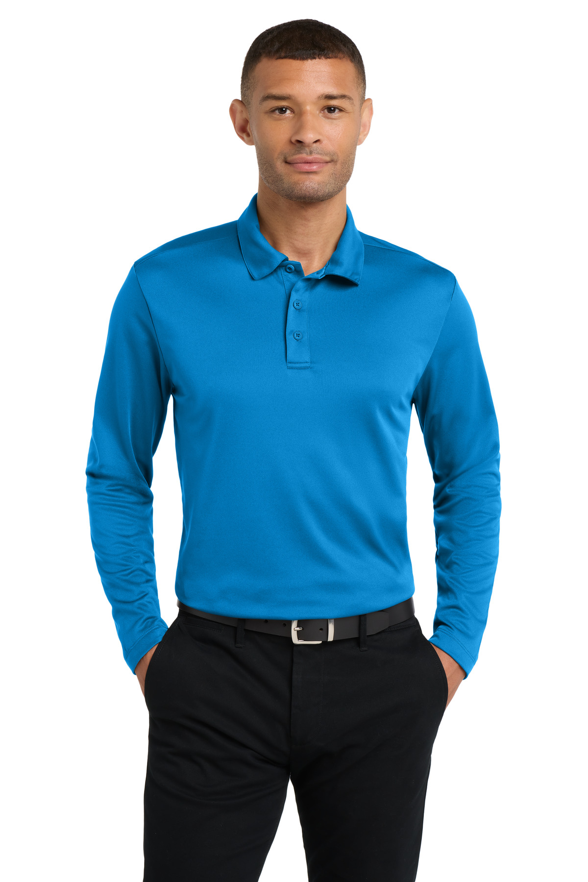Bright blue men’s long sleeve polo shirt classic fit of Ad It Up in Albuquerque