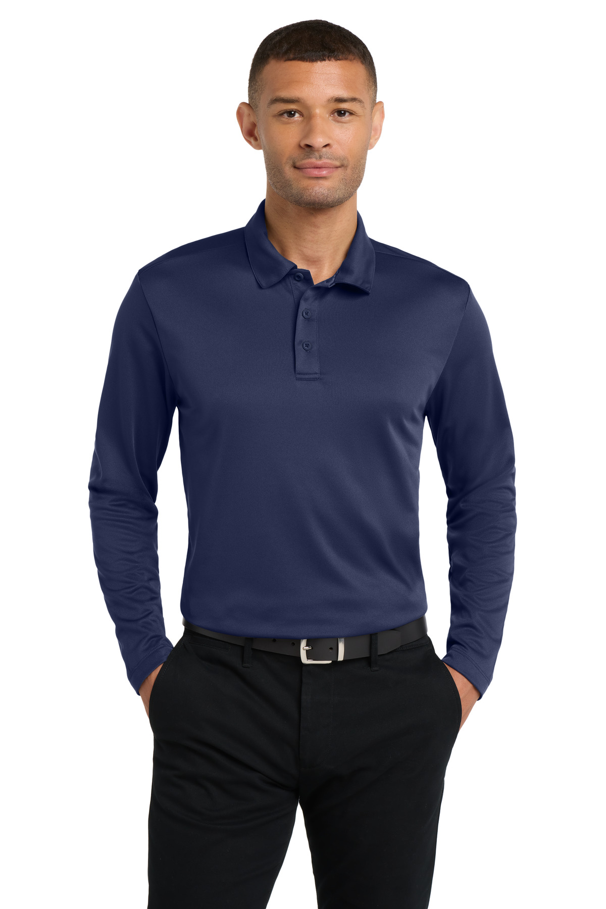 Navy blue men’s long sleeve polo shirt classic fit of Ad It Up in Albuquerque