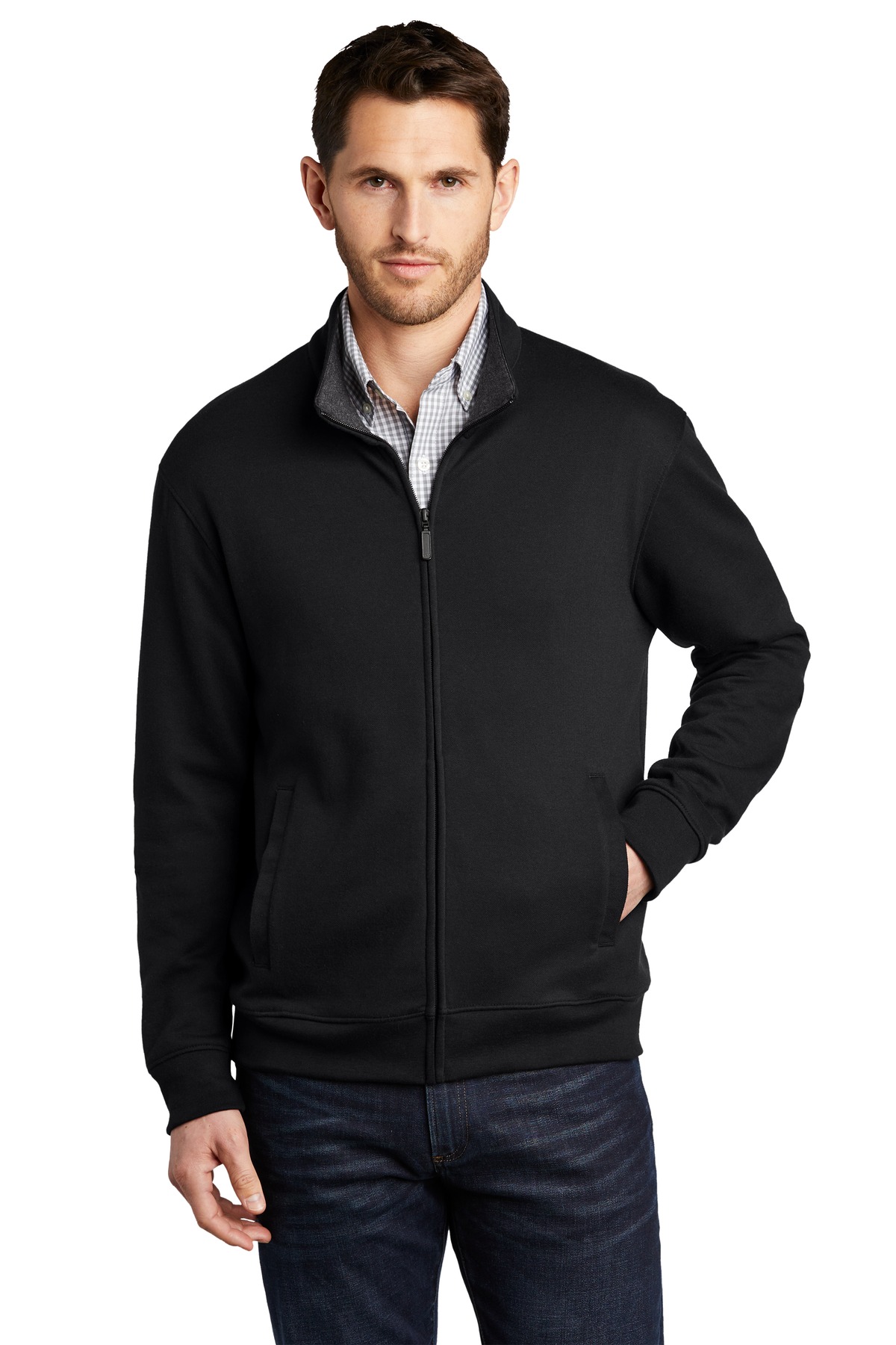 Black men’s full zip sweater jacket classic fit of Ad It Up in Albuquerque