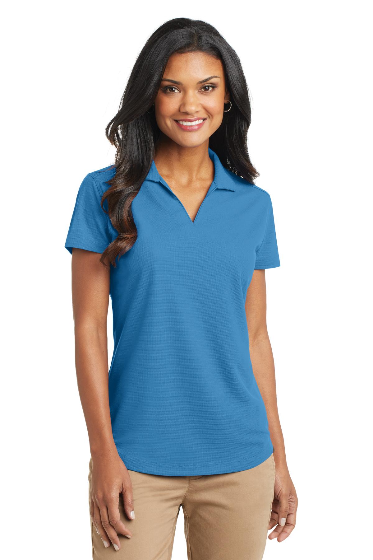 Bright blue women’s polo shirt short sleeve classic fit of Ad It Up in Albuquerque