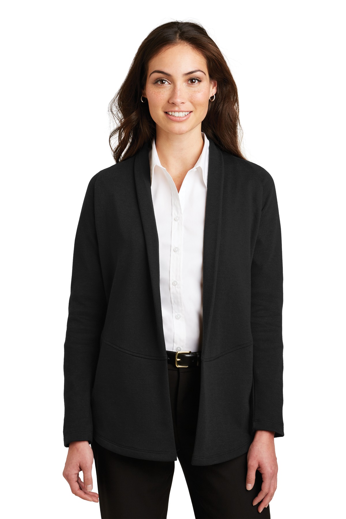 Black women’s business cardigan blazer over white blouse of Ad It Up in Albuquerque