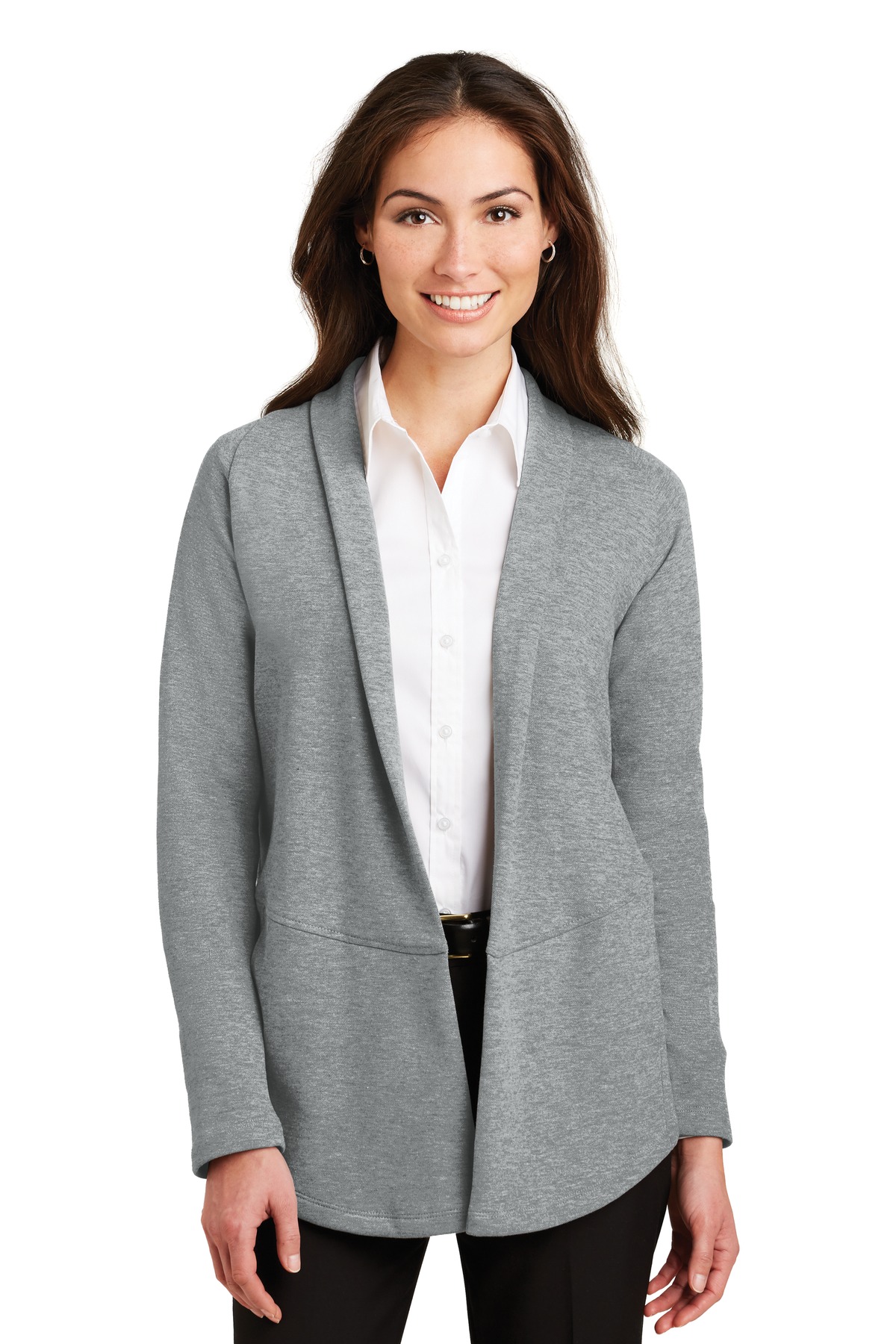 Heather gray women’s business cardigan blazer over white blouse of Ad It Up in Albuquerque