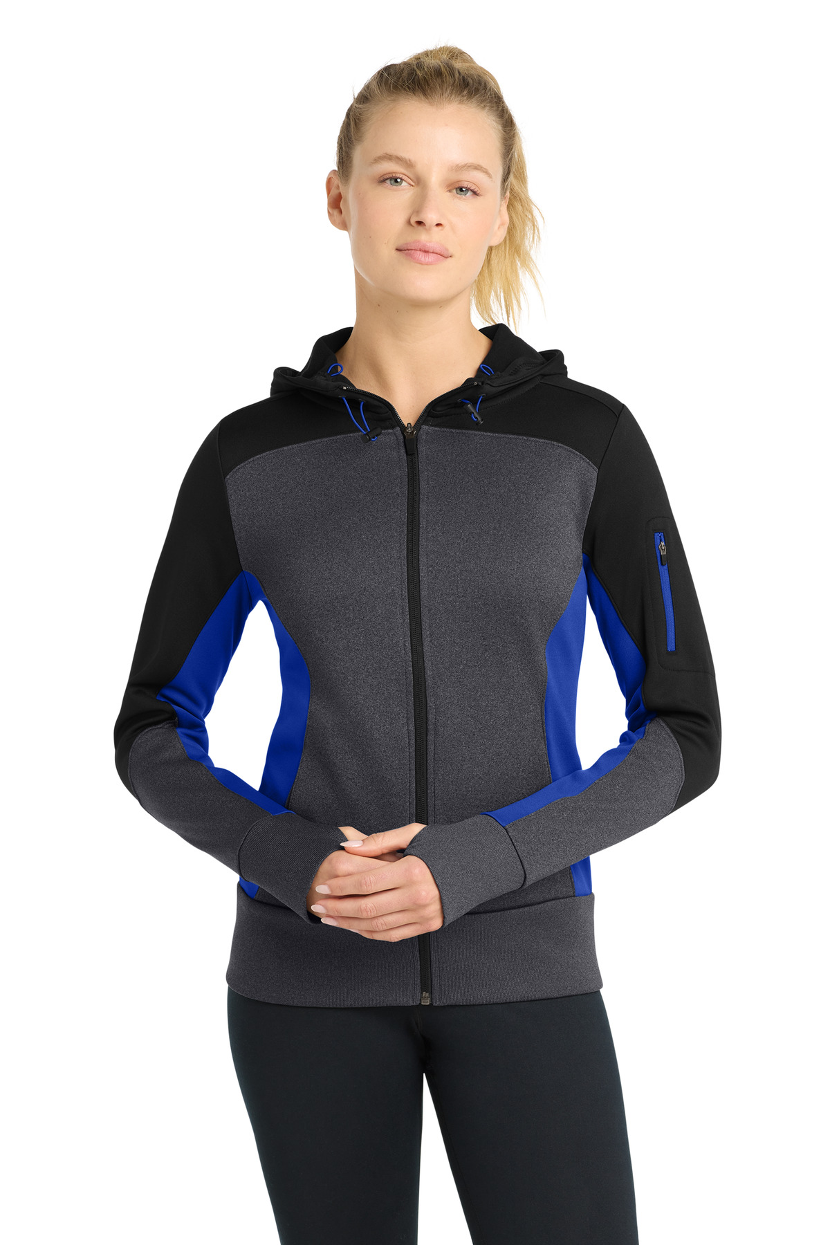 Black and gray women’s athletic zip hoodie jacket with blue accents of Ad It Up in Albuquerque