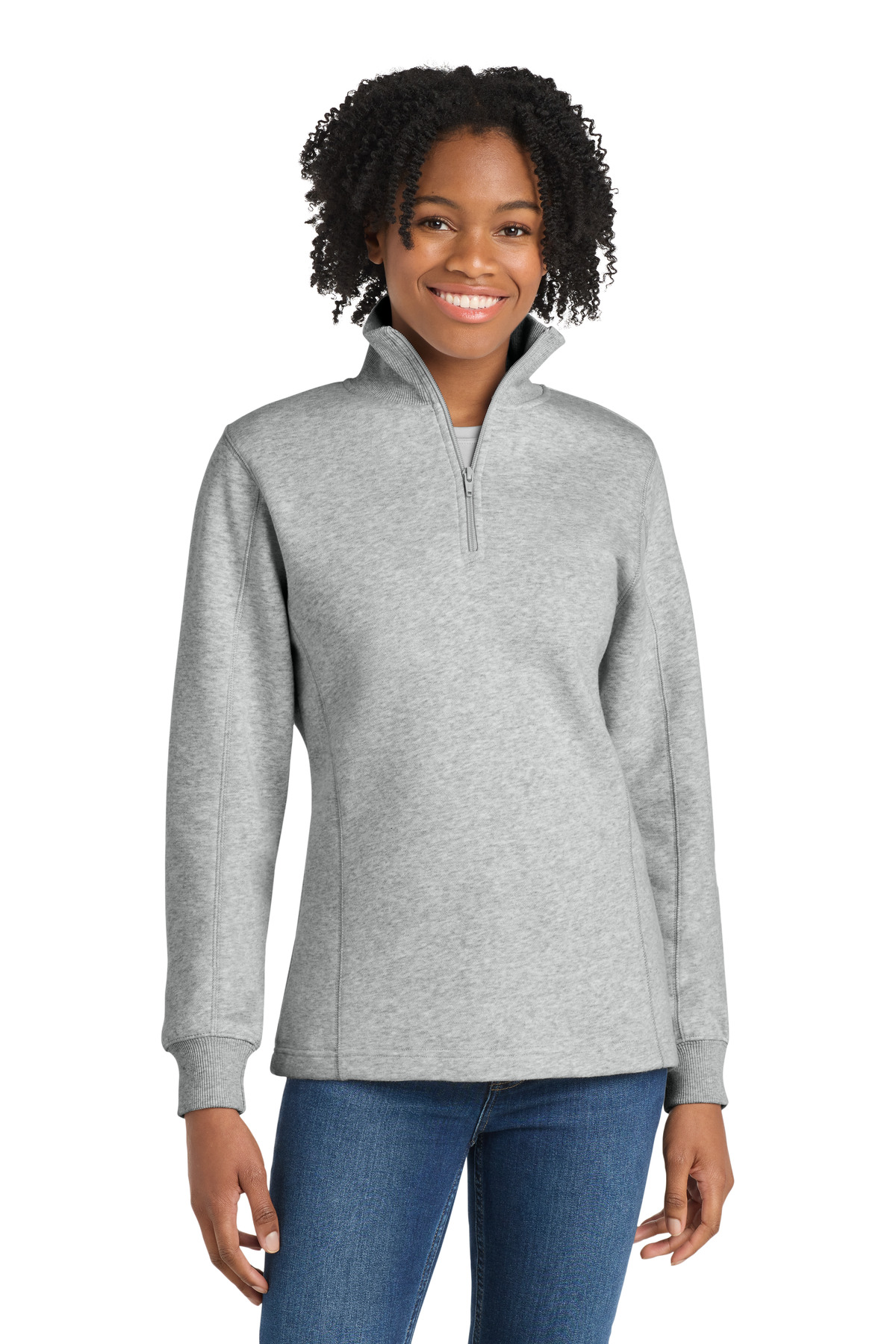 Heather gray women’s quarter zip fleece pullover classic fit of Ad It Up in Albuquerque