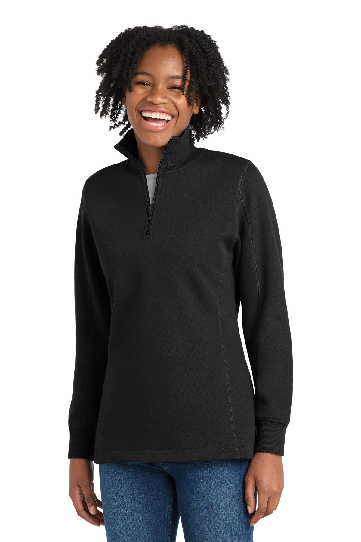 Black women’s quarter zip fleece pullover classic fit of Ad It Up in Albuquerque