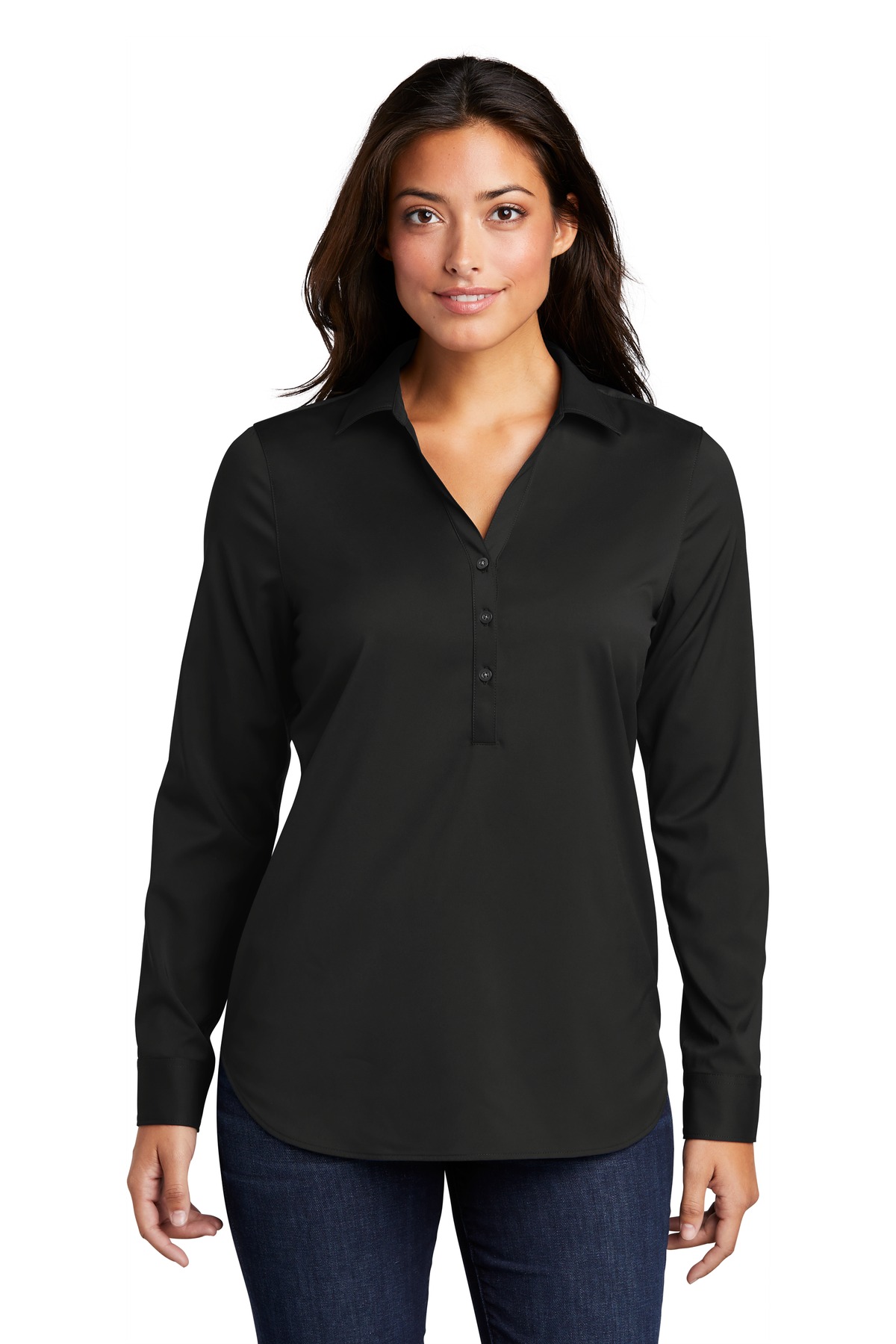 Black women’s long sleeve button polo shirt classic fit of Ad It Up in Albuquerque