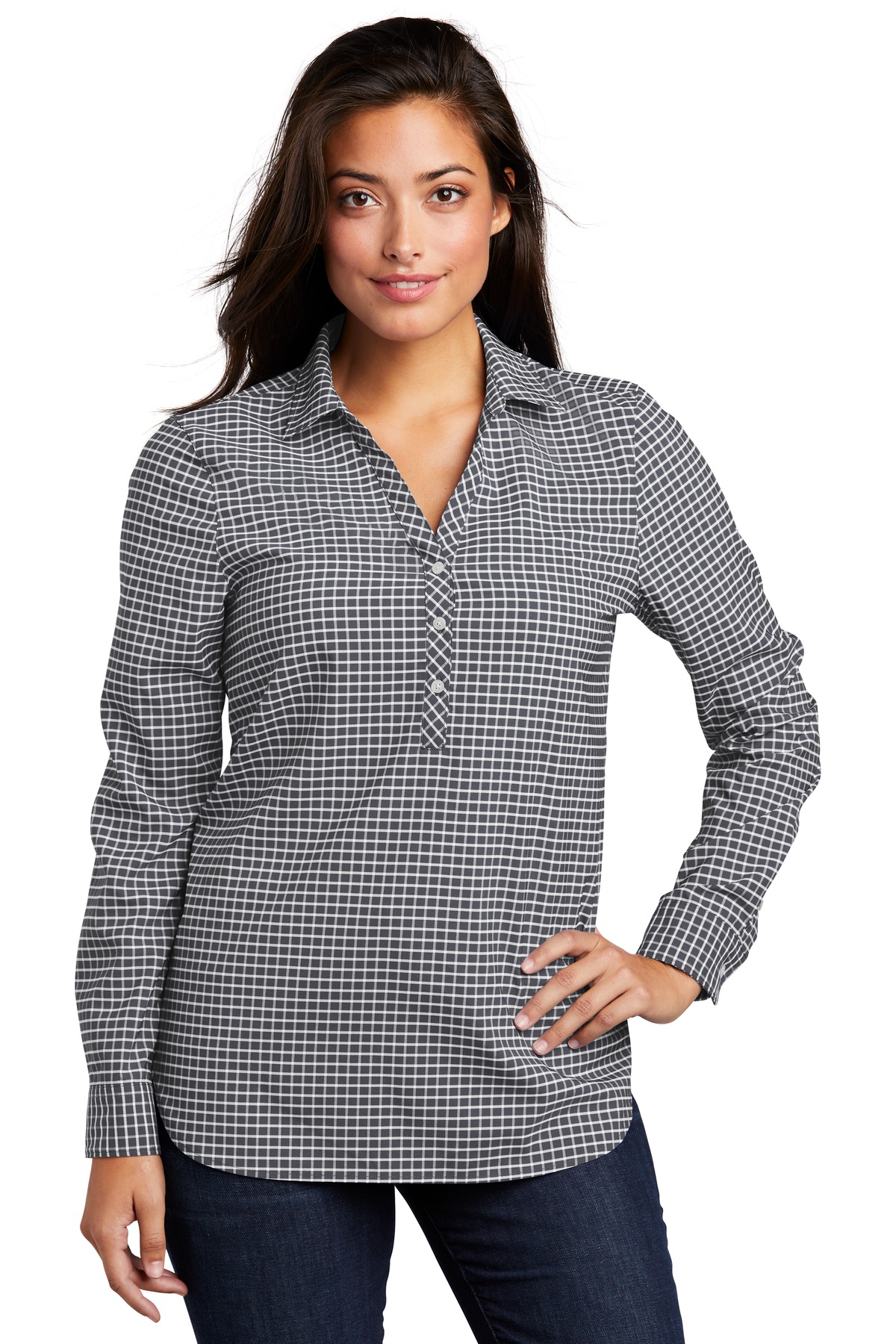 Black and white checkered women’s button-down shirt long sleeve of Ad It Up in Albuquerque