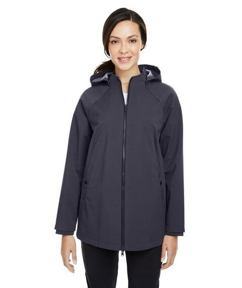 Navy blue women’s hooded rain jacket full zip classic fit of Ad It Up in Albuquerque