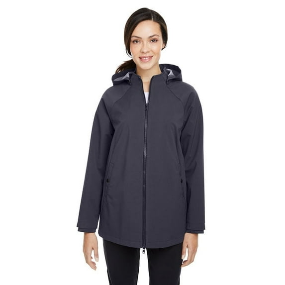 Navy blue women’s hooded rain jacket full zip classic fit of Ad It Up in Albuquerque