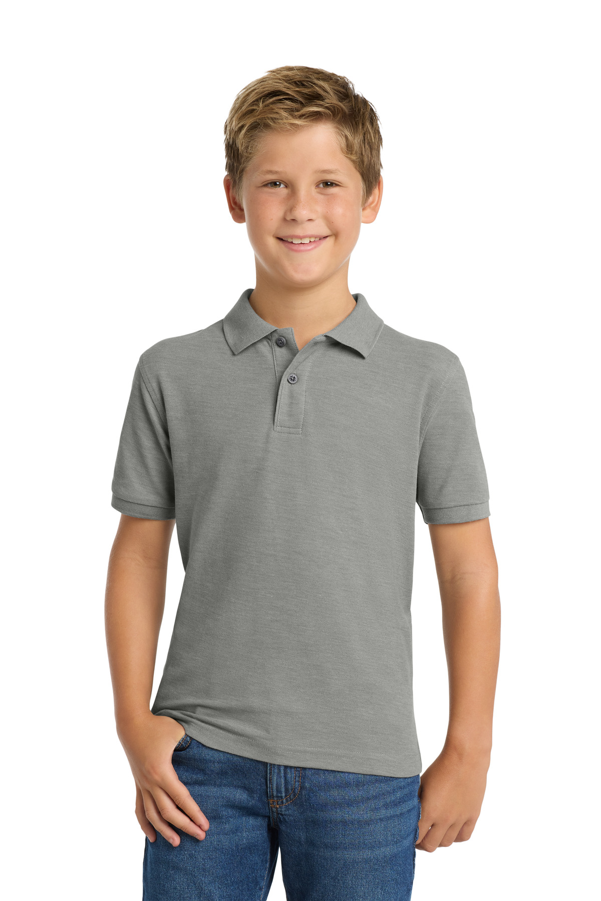 Heather gray youth polo shirt short sleeve classic fit of Ad It Up in Albuquerque