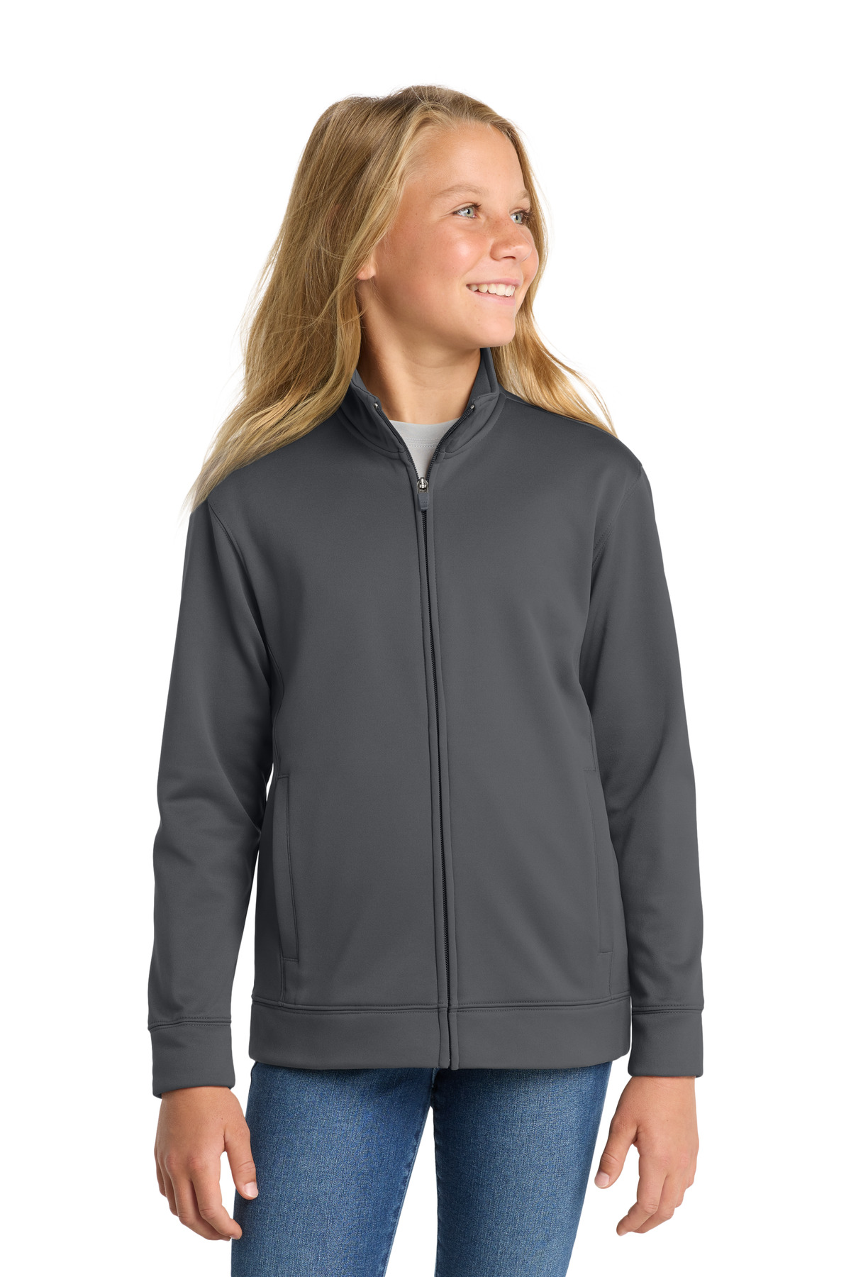 Charcoal gray youth full zip fleece jacket classic fit of Ad It Up in Albuquerque